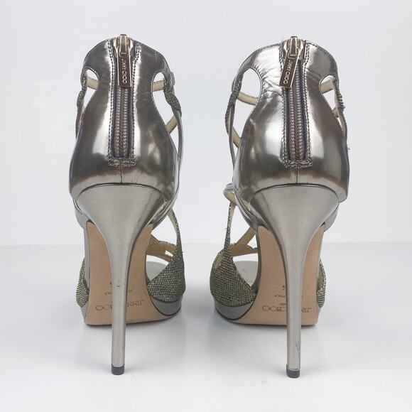 Jimmy Choo Metallic Sparkle & Leather Vermeil Caged Strappy Heel Sandals - Picture 6 of 10